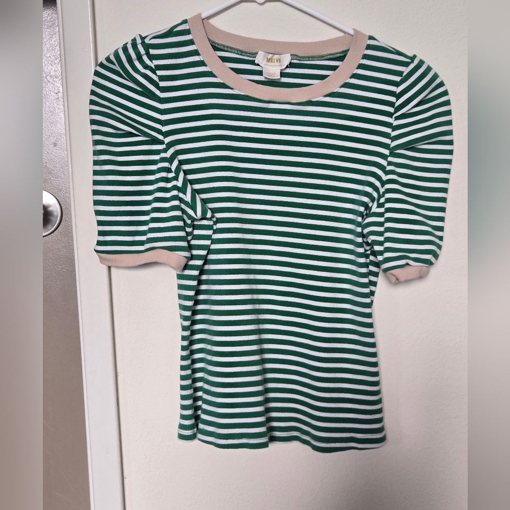 Anthropologie Maeve Green and White Striped Top with Cream Trim